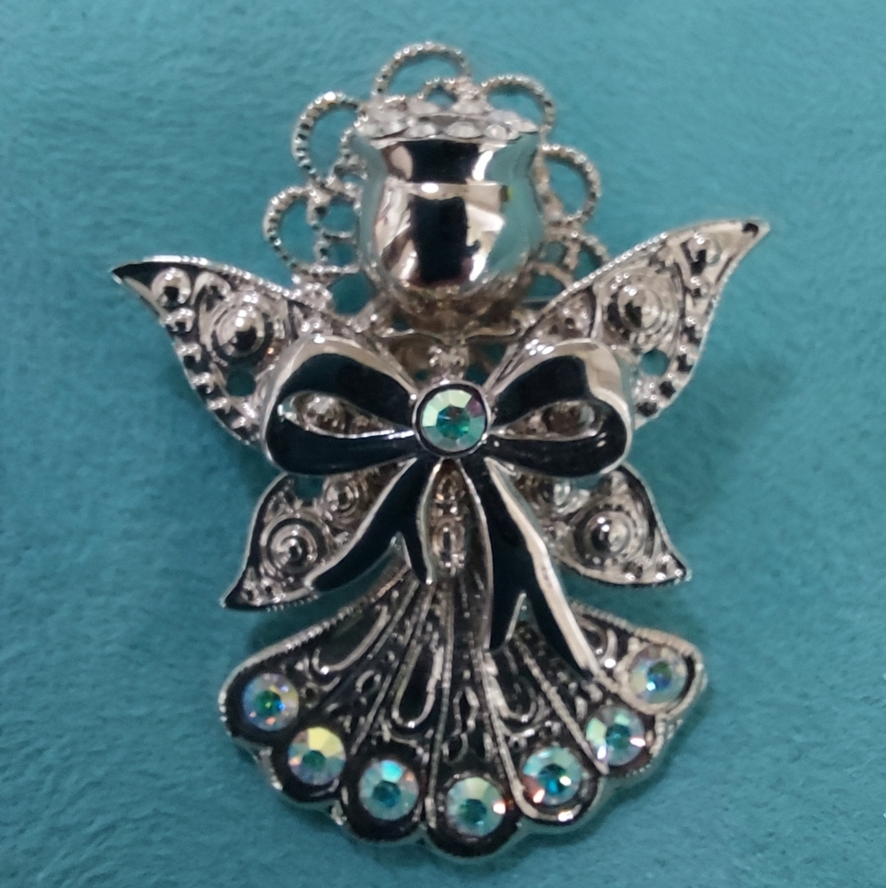 Charles Klein Rhinestone Silvertone Angel Brooch, Vintage